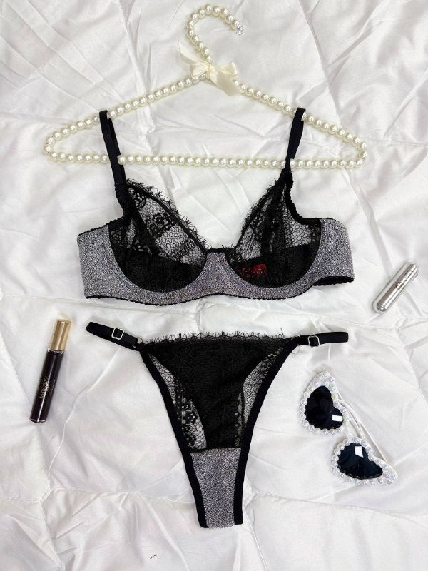 Nuit Dantel Set — Gümüş-Siyah